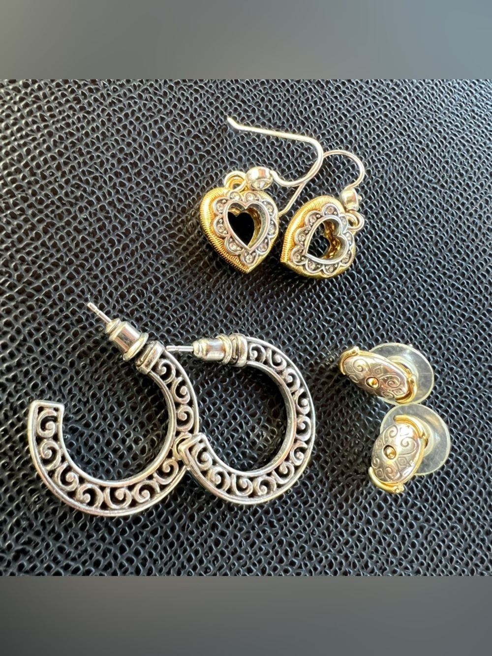 Lot of 3 Brighton Earrings Two Tone Primavera Heart Scrollwork Half Moon Hoop